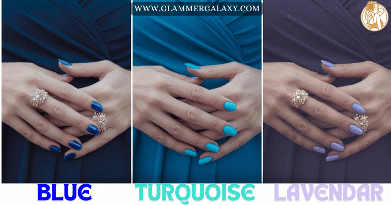 Three images of hands with blue, turquoise and lavender color nail paint