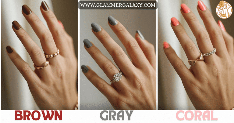 Three images of hands with brown, gray and coral color nail paint