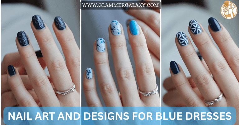 Three images of hands with different shades of blue