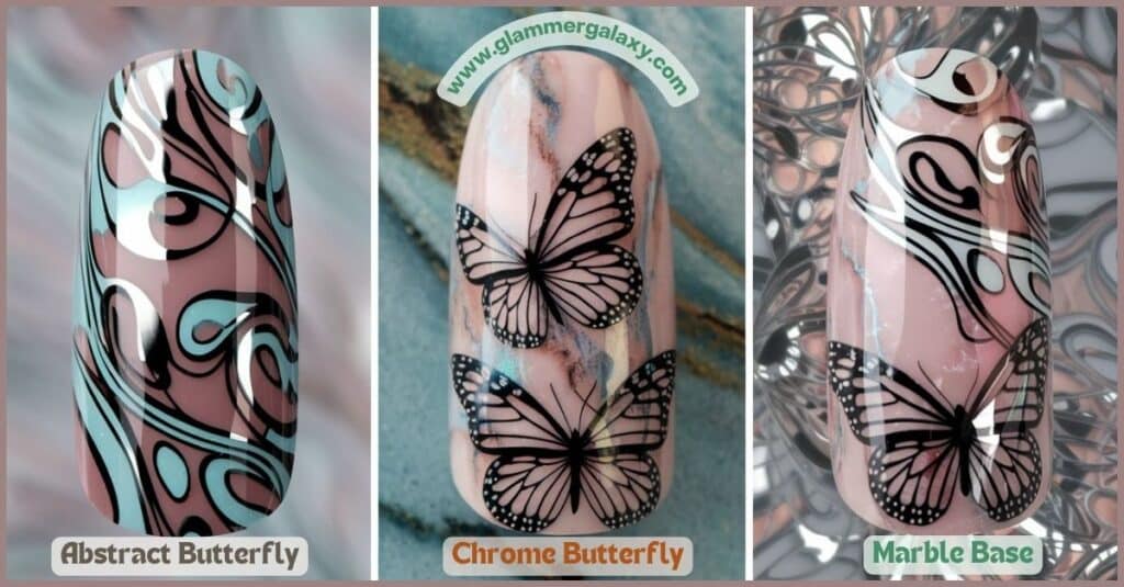 Three images showcasing different nail art designs: abstract butterfly with metallic accents, chrome butterfly on a marble base, and a close-up of the marble base with butterfly details.