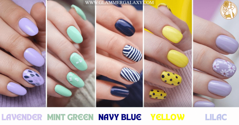 Hands with lavender , mint green , navy blue , yellow and lilac nail paint