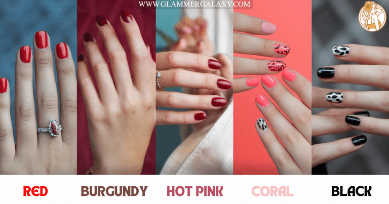 Nail paints of Red , burgundy , hot pink , coral and black color