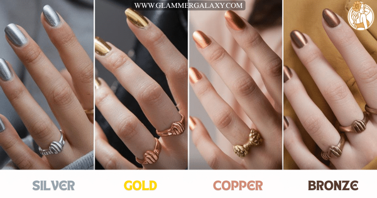 Hands with silver , gold , copper and bronze colored nail paint