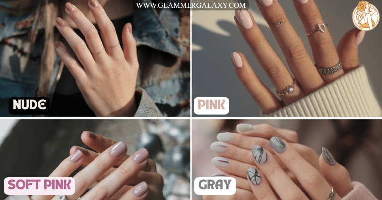 4 images showing classic and timeless nail colors which are nude , pink , soft pink and gray.