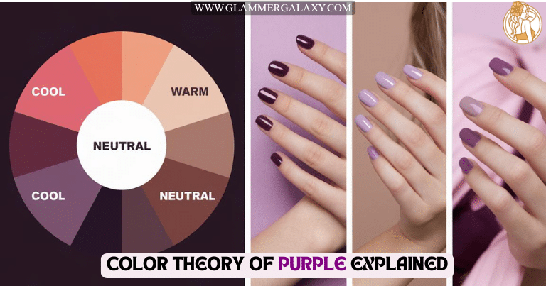 Color wheel on left and hands with three different shades of purple on right