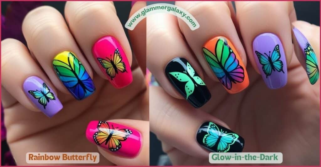 Two images showcasing rainbow butterfly nail art designs, one with vibrant colors and the other with glow-in-the-dark accents.