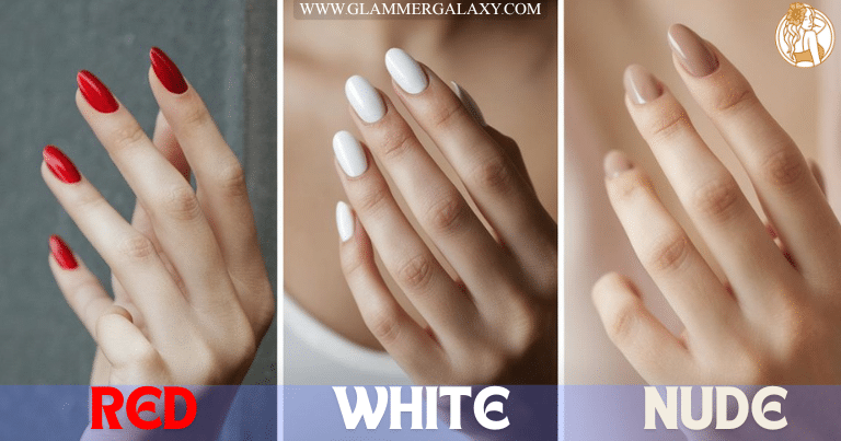 Three images of hands with red, white and nude color nail paint