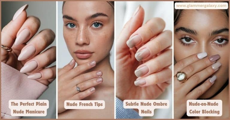 Four images of hands with different styles of manicured nails, labeled with nail style names.