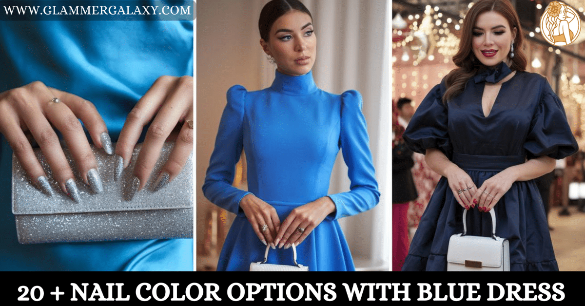 A featured image from Glammer Galaxy showcasing three stylish women in blue dresses with various nail color options