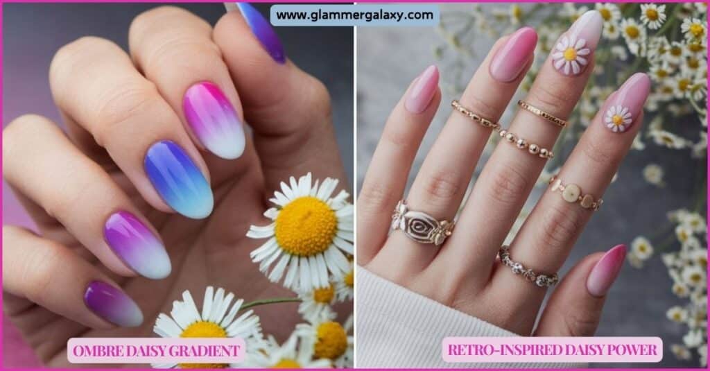 Two images of hands with ombre and retro-inspired daisy nail art, adorned with rings and bracelets.