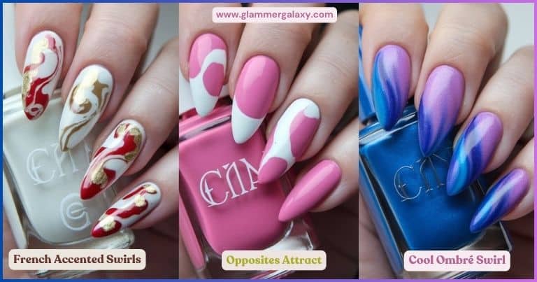 Three images of painted nails with different designs, labeled French Accented Swirls, Opposites Attract, Cool Ombre Swirl.