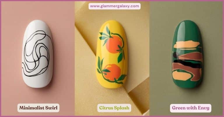 Three nail designs titled Minimalist Swirl, Citrus Splash, Green with Envy on colored backgrounds.