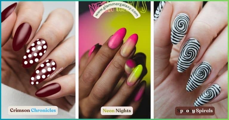 Three images of nails with different designs: polka dots, gradient, and black and white spirals.