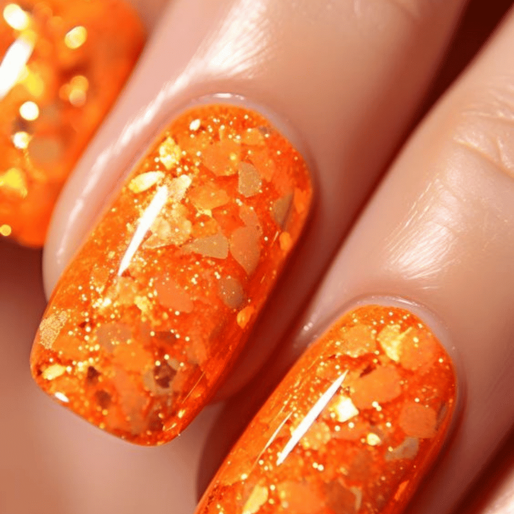 Close-up of Halloween-themed nails with detailed designs like Glittery Orange Gradients