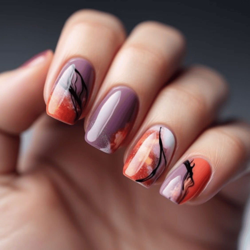 Close-up of hands having lavender nails with Fall Vibes