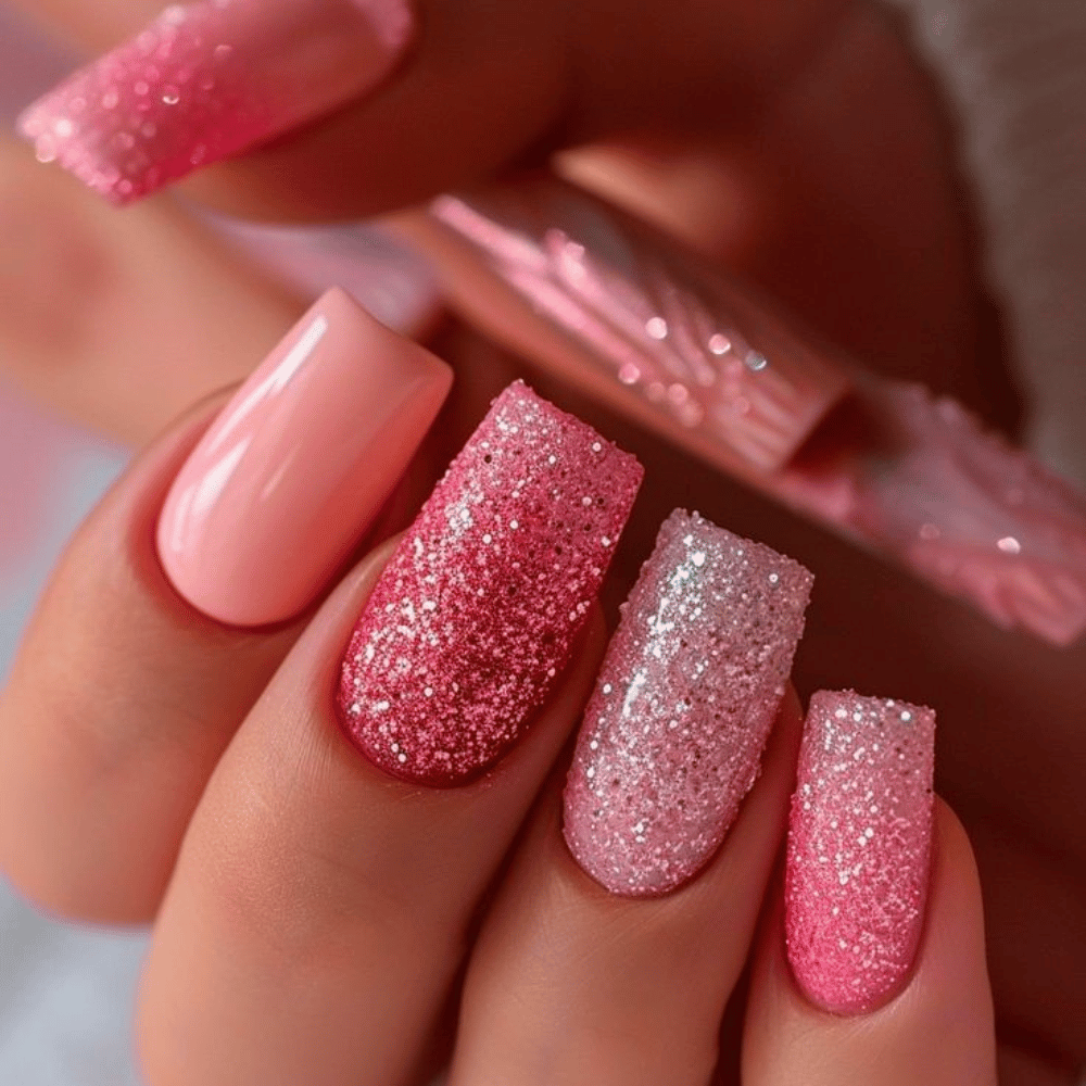 Hand with Pink Nails having Different Shade of Sparkly Pink