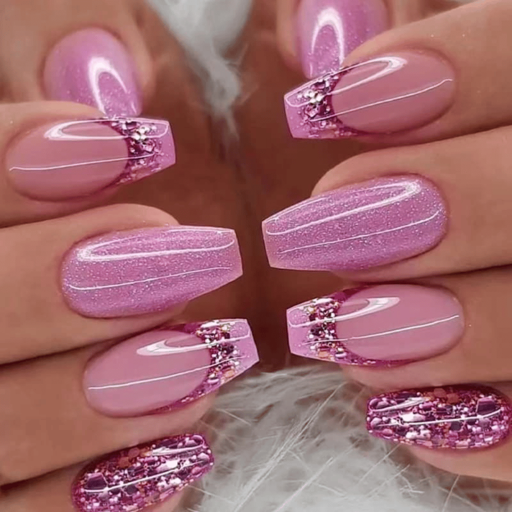 Hand with Pink Nails having 3D Glitter Accents