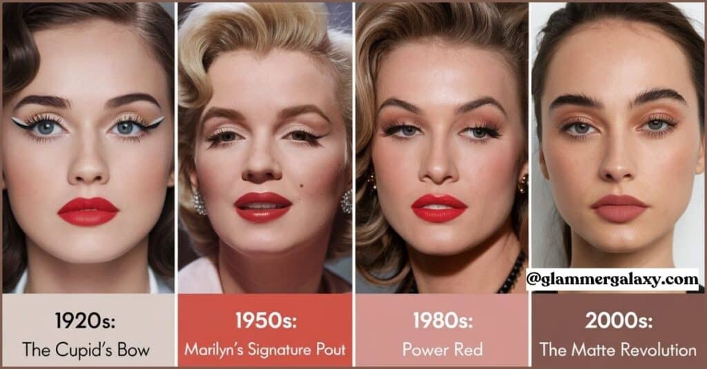 Four  images depicting iconic red lip looks from the 1920s, 1950s, 1980s, and 2000s.