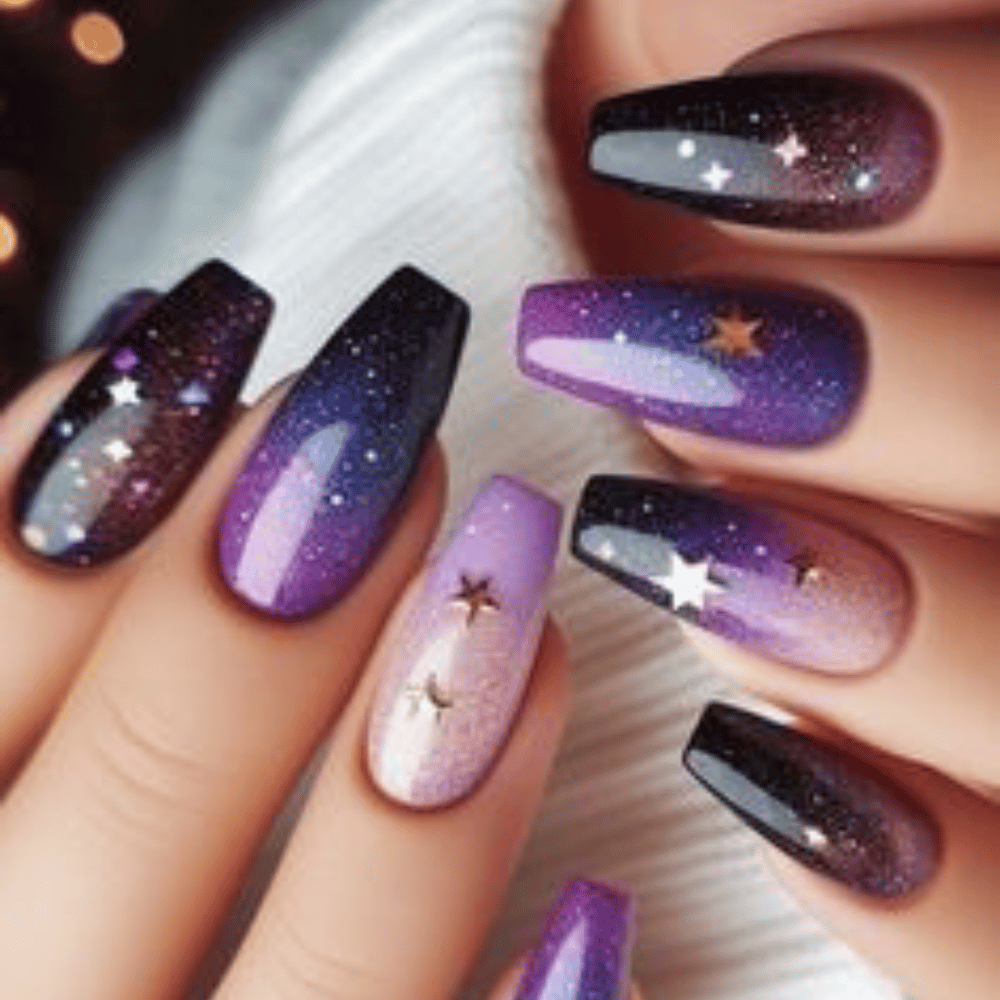 Close-up of hands having lavender nails with Deeper Purples