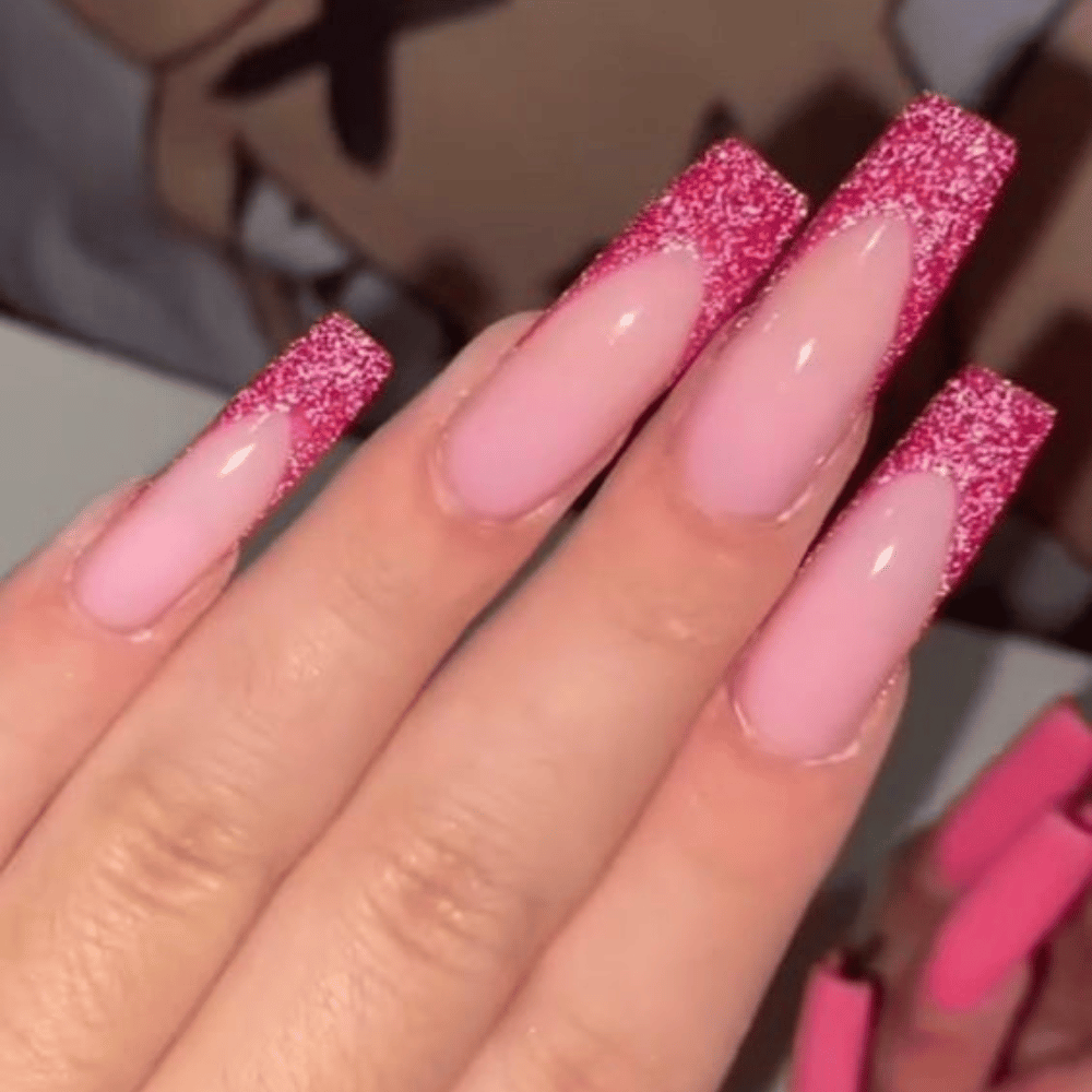 Hand with Pink Nails having Disco Ball Tips