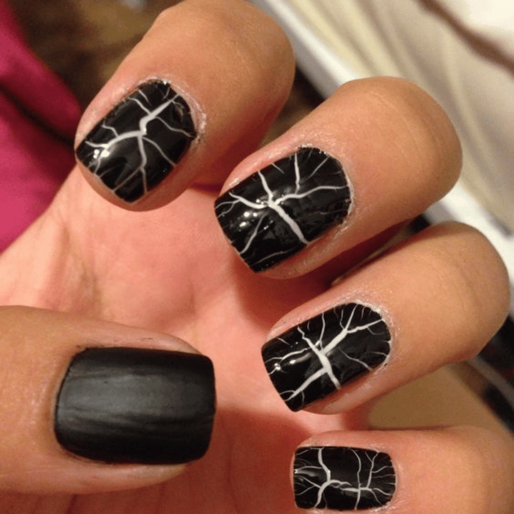 Close-up of Halloween-themed nails with detailed designs like Cracked Stone Effect