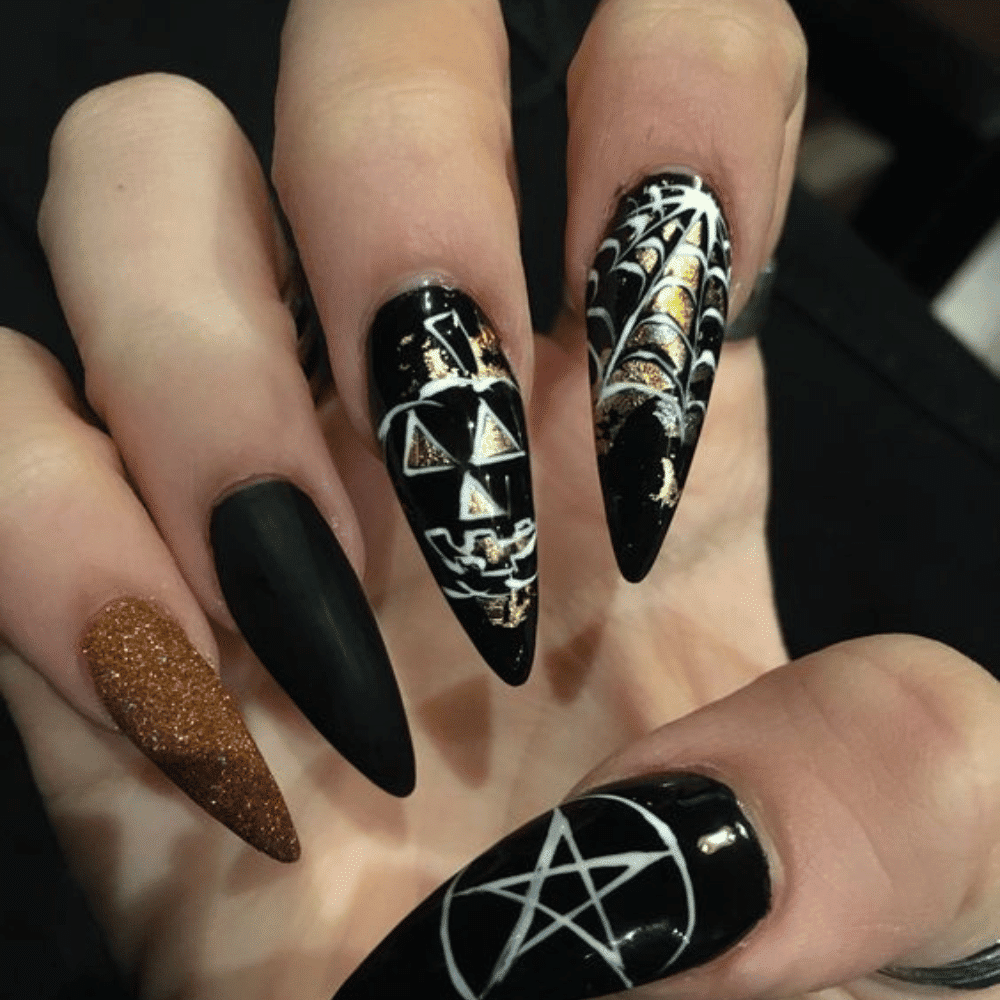 Close-up of Halloween-themed nails with detailed designs like Two-Tone Matte and Glossy Combinations