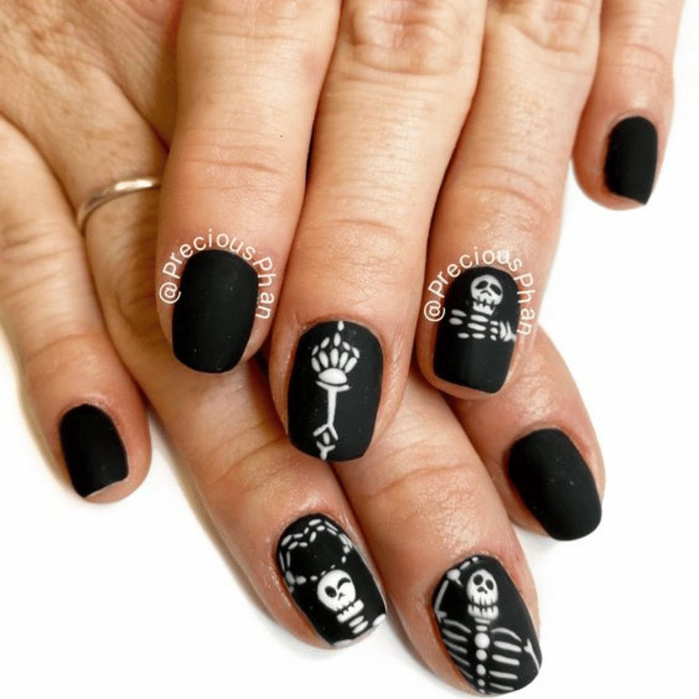 Close-up of Halloween-themed nails with detailed designs like Skeleton Hand Accents