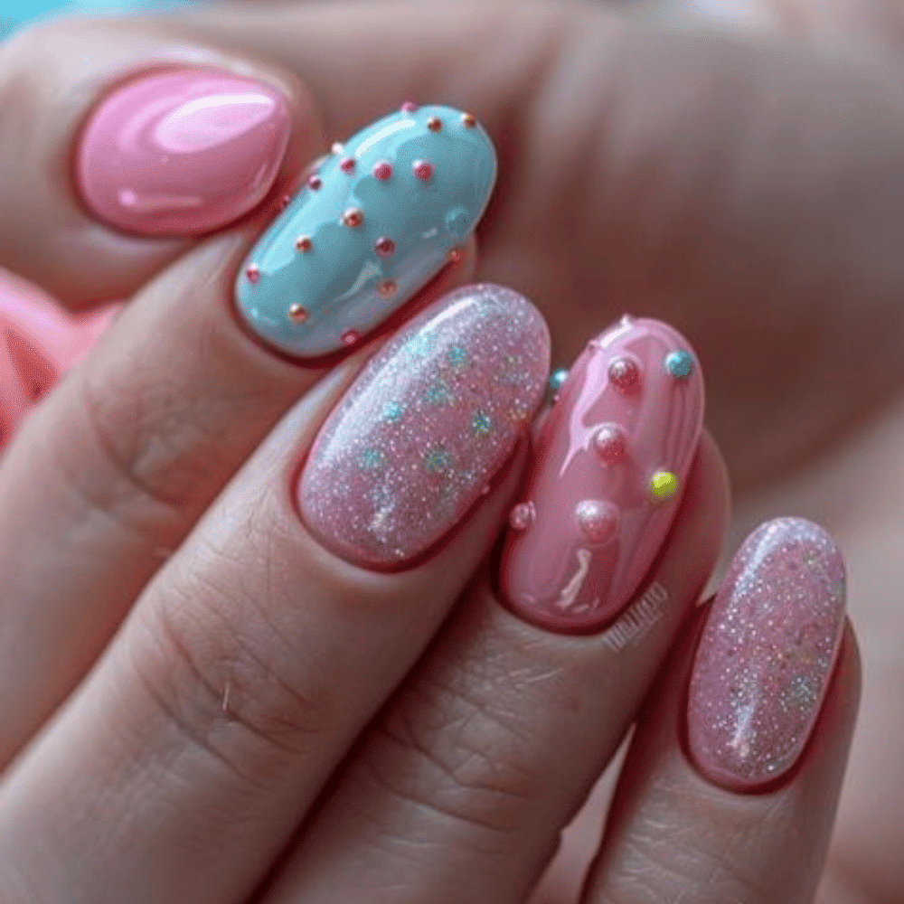 A close-up of a woman's hand showcasing pink and blue glitter nails, elegantly manicured and stylishly designed.