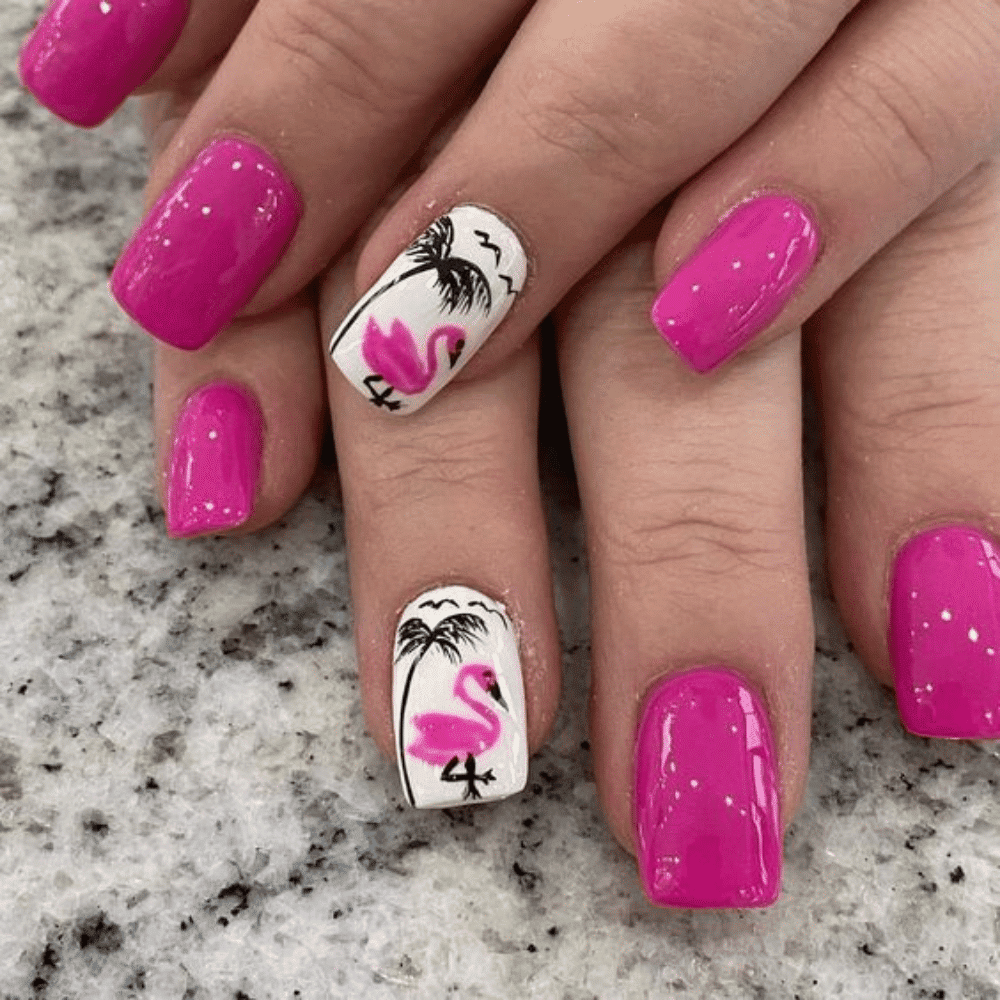 A collection of vibrant flamingo nail art designs showcasing intricate patterns and bright colors on manicured nails.