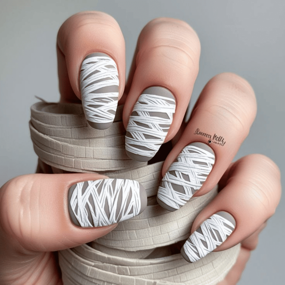 Close-up of a hand with matte gray nails featuring white mummy wrap designs, holding a similar gray roll.