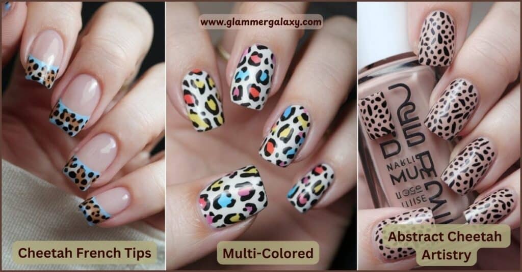 Three images showcasing different cheetah print nail art designs titled ‘Cheetah French Tips.’