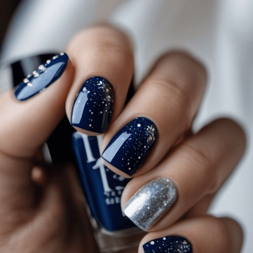 Elegant nail art featuring shimmering silver and blue glitter, creating a stunning and eye-catching design.