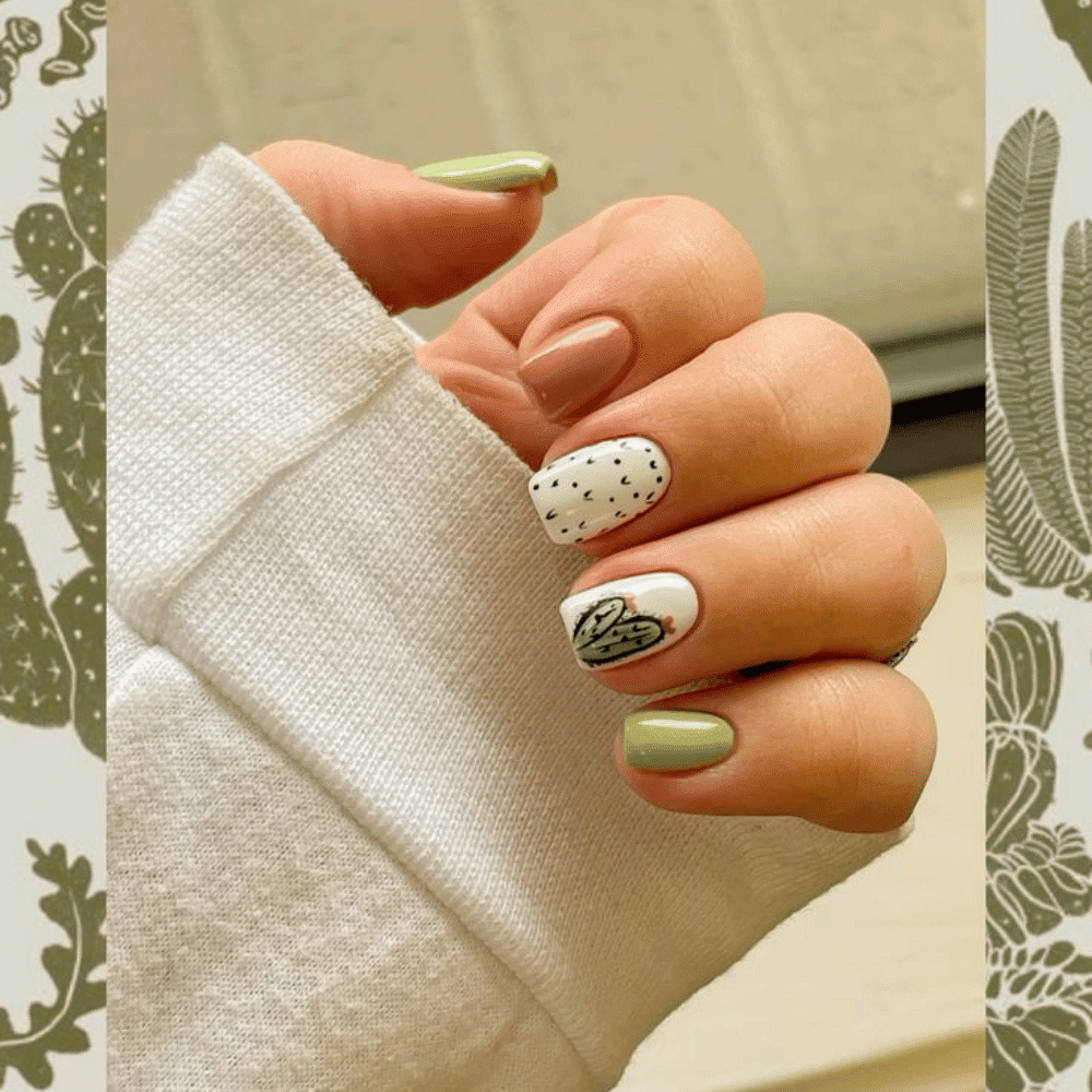 A collection of intricate cactus-themed nail art designs showcasing vibrant colors and unique patterns.