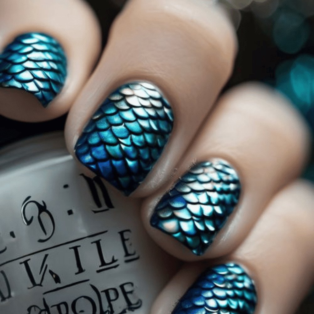 A woman's hand elegantly holds a bottle of blue and silver nail polish, showcasing a stylish manicure.