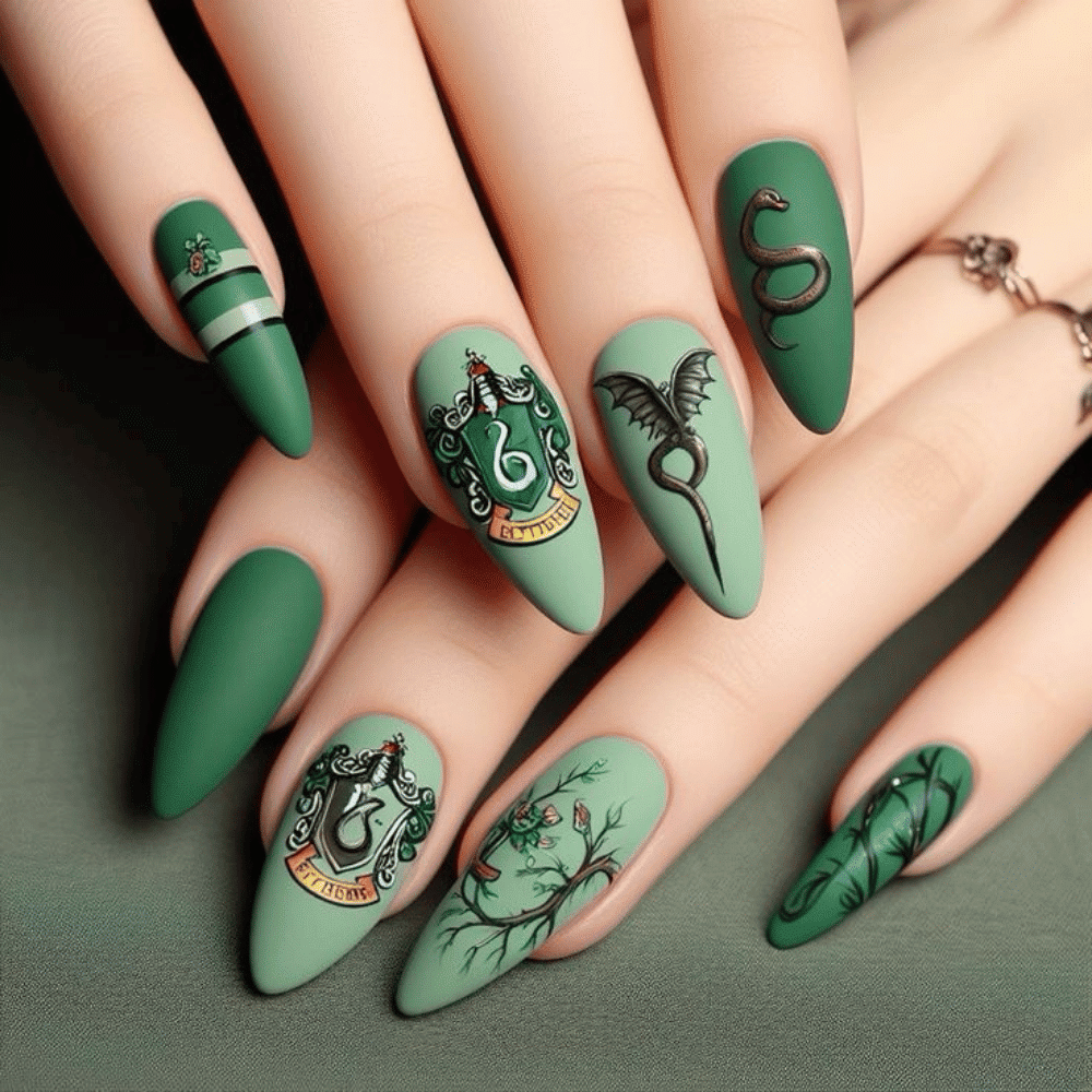 Close-up of intricately designed green nails featuring unique artwork like stripes, snakes, dragons, and the Slytherin crest from Harry Potter.