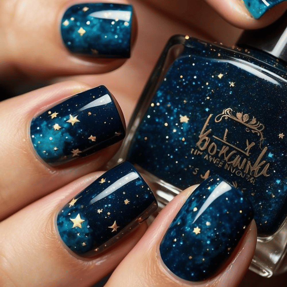 A woman's hand elegantly holds a bottle of blue nail polish adorned with shimmering gold stars.