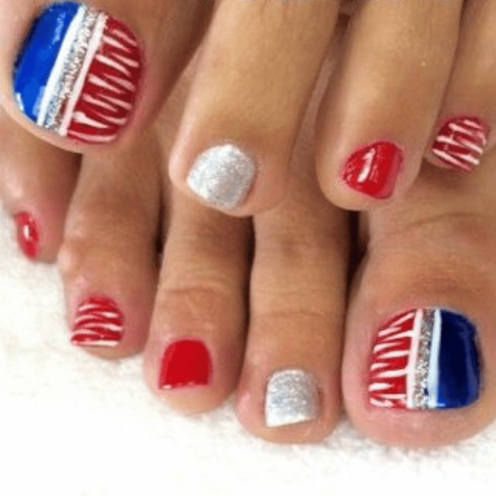 Close-up of toes with sailor stripes toe nail