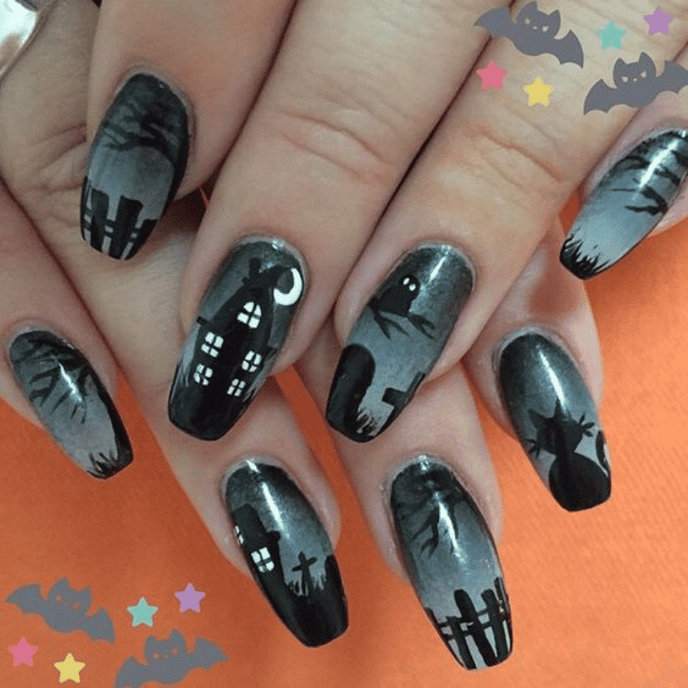 Nails with spooky Halloween-themed art, including haunted houses, ghosts, graveyards, scarecrows, and barren trees on a gradient background.