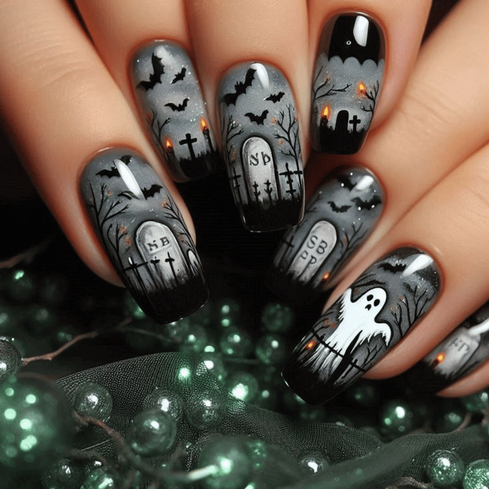 Close-up of intricately designed Halloween-themed nails featuring bats, tombstones, bare trees, and a ghost.