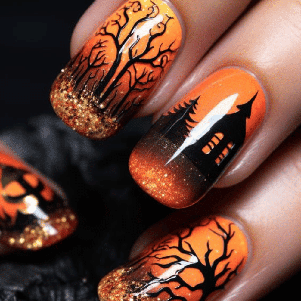 Close-up of Halloween-themed nail art with gradient orange and black, showcasing spooky designs of trees and haunted house.