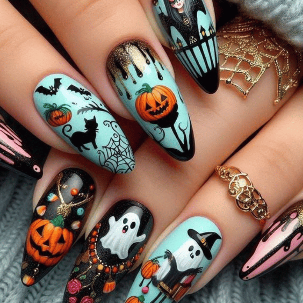 Halloween-themed nail art with pumpkins, ghosts, bats, and black cats on long, pointed nails.