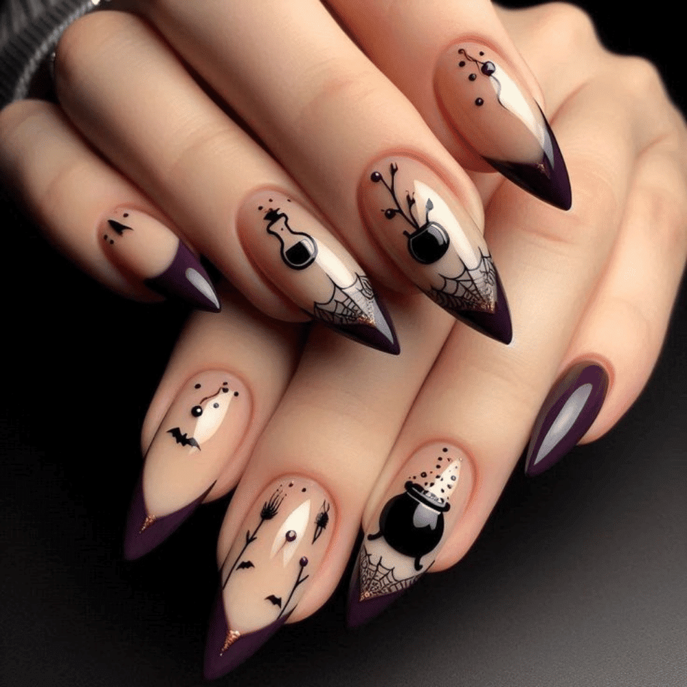 Close-up of Halloween-themed nails with detailed designs like Potion Bottle Nail Art