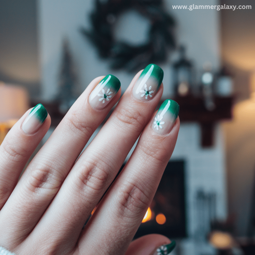 Winter Dip Nail Design featuring green dip nails