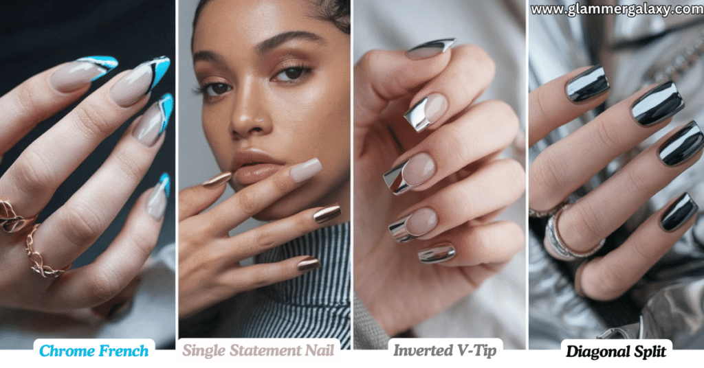 Four images showcasing different nail art designs labeled Chrome French, Single Statement Nail, Inverted V-Tip, Diagonal Split.