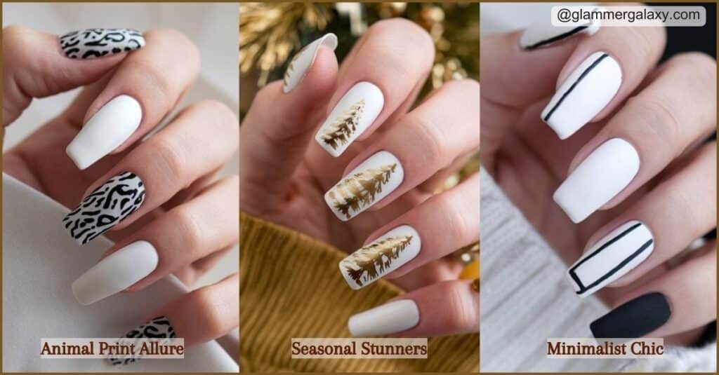 Three sets of hands with different nail art designs labeled Animal Print Allure, Seasonal Stunners, Minimalist Chic.