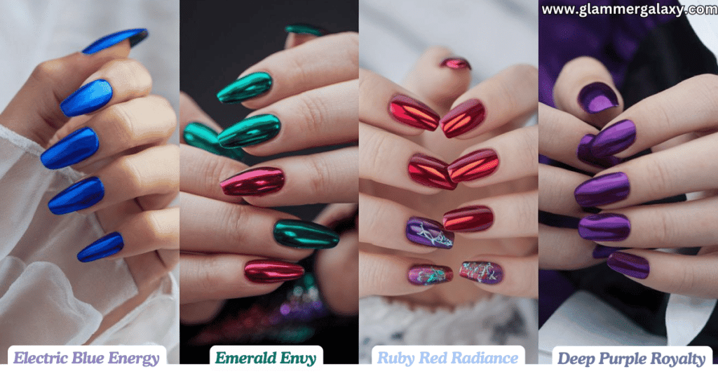 Four sets of hands with different colored metallic nails labeled with color names.