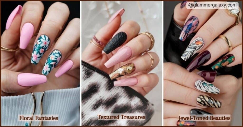 Three sets of hands with intricately designed nail art titled Floral Fantasies, Textured Treasures, Jewel-Toned Beauties.