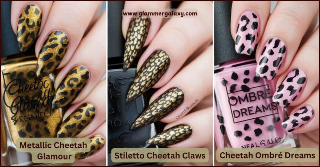 Hands with cheetah print nail art, one gold and black, one pink and black, with nail polish bottles.