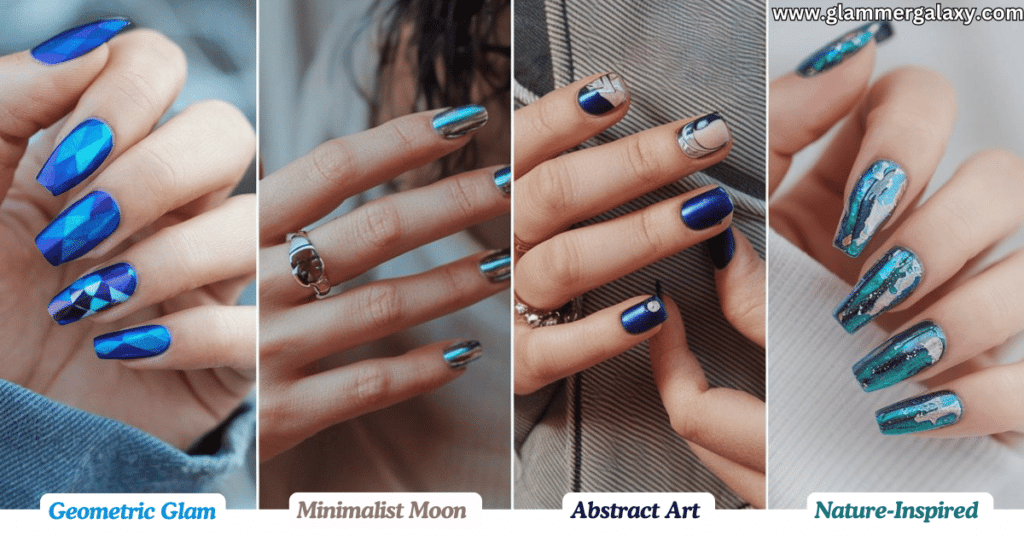 Four images showcasing different nail art designs labeled Geometric Glam, Minimalist Moon, Abstract Art, and Nature-Inspired.