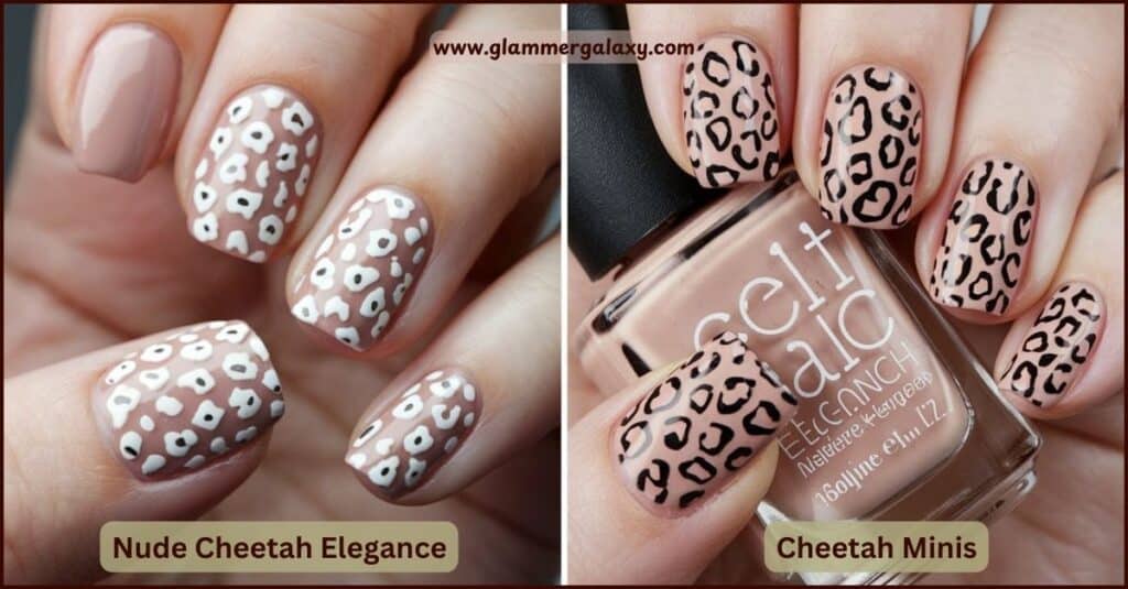 Two images of hands with nude cheetah print nail art, next to a nail polish bottle.